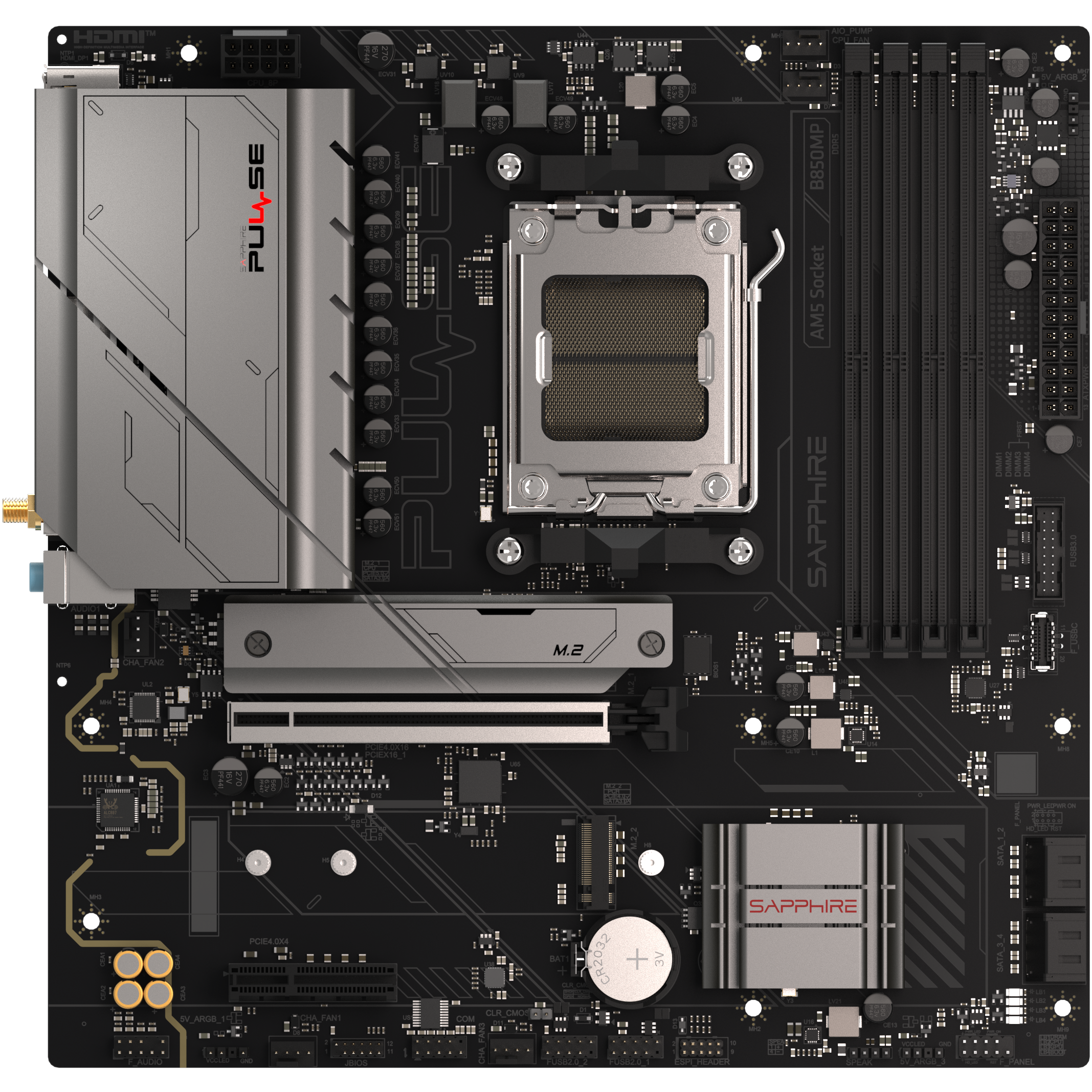 A large main feature product image of SAPPHIRE PULSE B850M WiFi AM5 mATX Desktop Motherboard