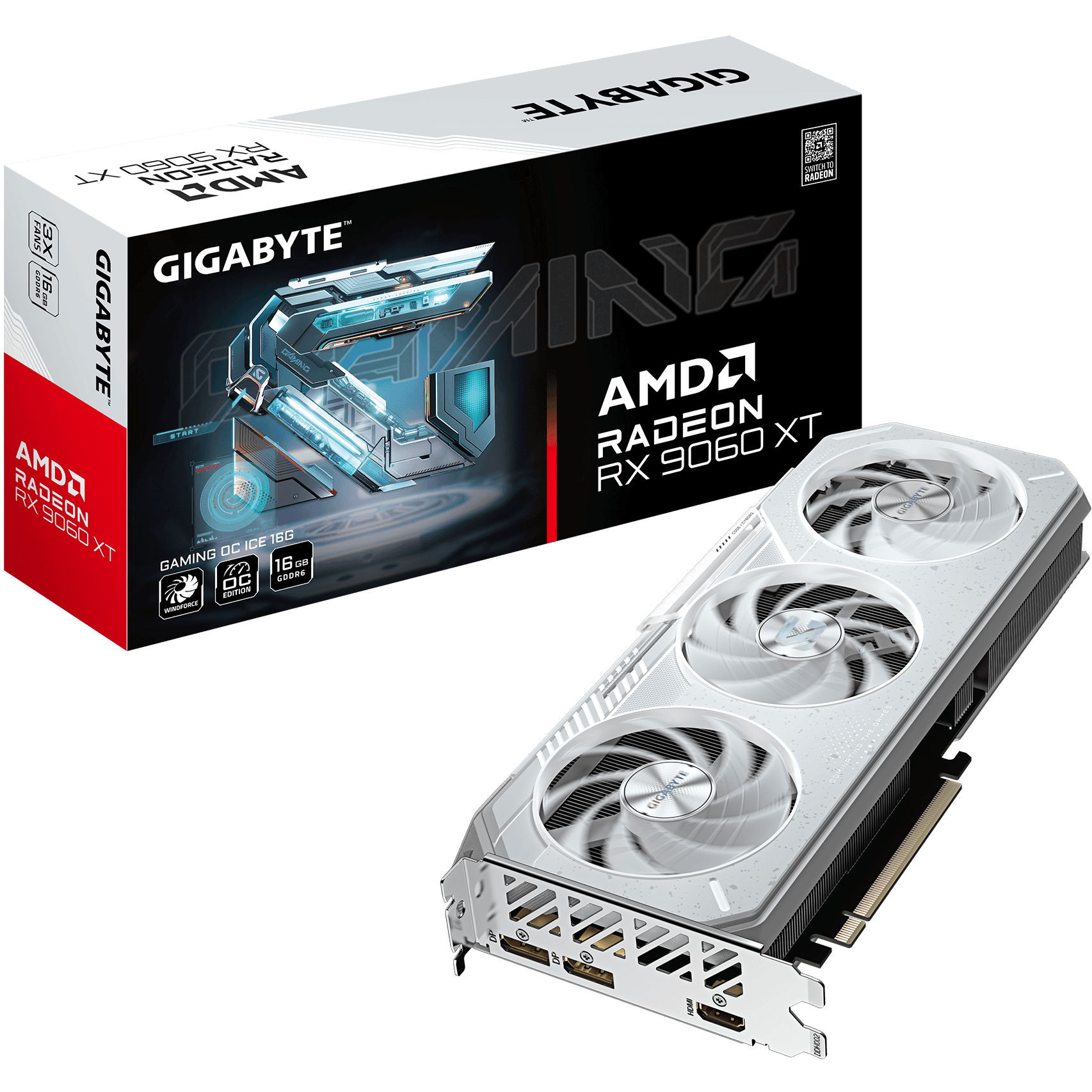 A large main feature product image of Gigabyte Radeon RX 9060 XT Gaming Ice OC 16GB GDDR6