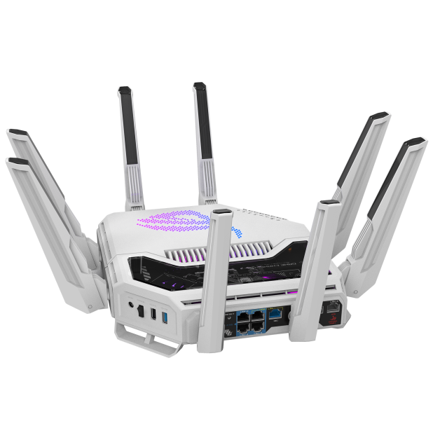 A large main feature product image of ASUS ROG Rapture GT-BE19000AI Tri-Band WiFi 7 AI Gaming Router