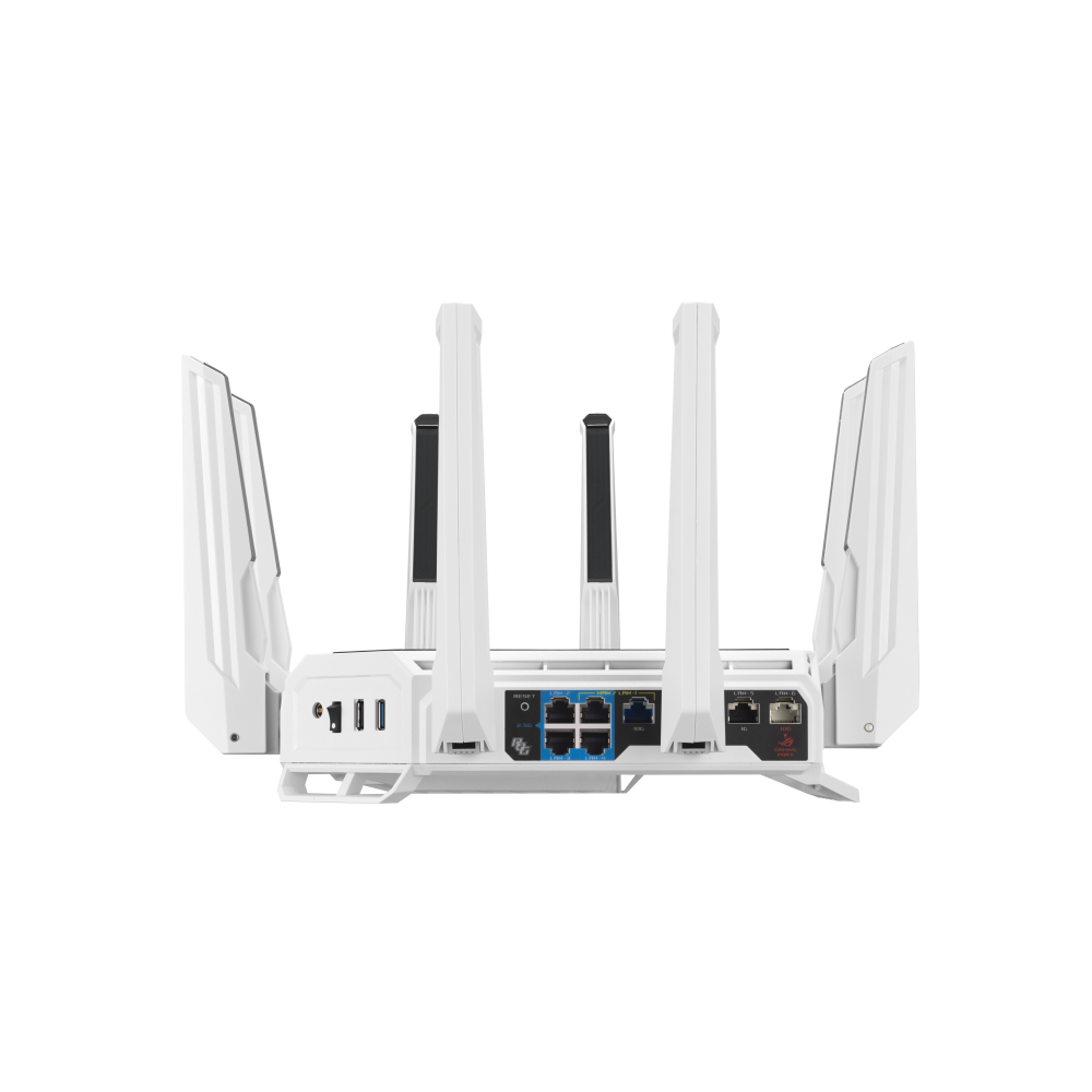 A large main feature product image of ASUS ROG Rapture GT-BE19000AI Tri-Band WiFi 7 AI Gaming Router