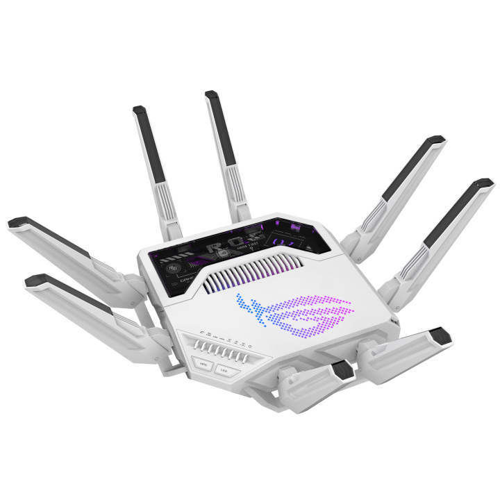 A large main feature product image of ASUS ROG Rapture GT-BE19000AI Tri-Band WiFi 7 AI Gaming Router