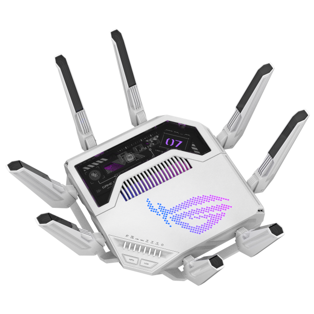 A large main feature product image of ASUS ROG Rapture GT-BE19000AI Tri-Band WiFi 7 AI Gaming Router
