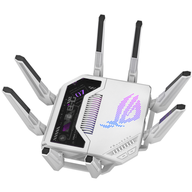 A large main feature product image of ASUS ROG Rapture GT-BE19000AI Tri-Band WiFi 7 AI Gaming Router