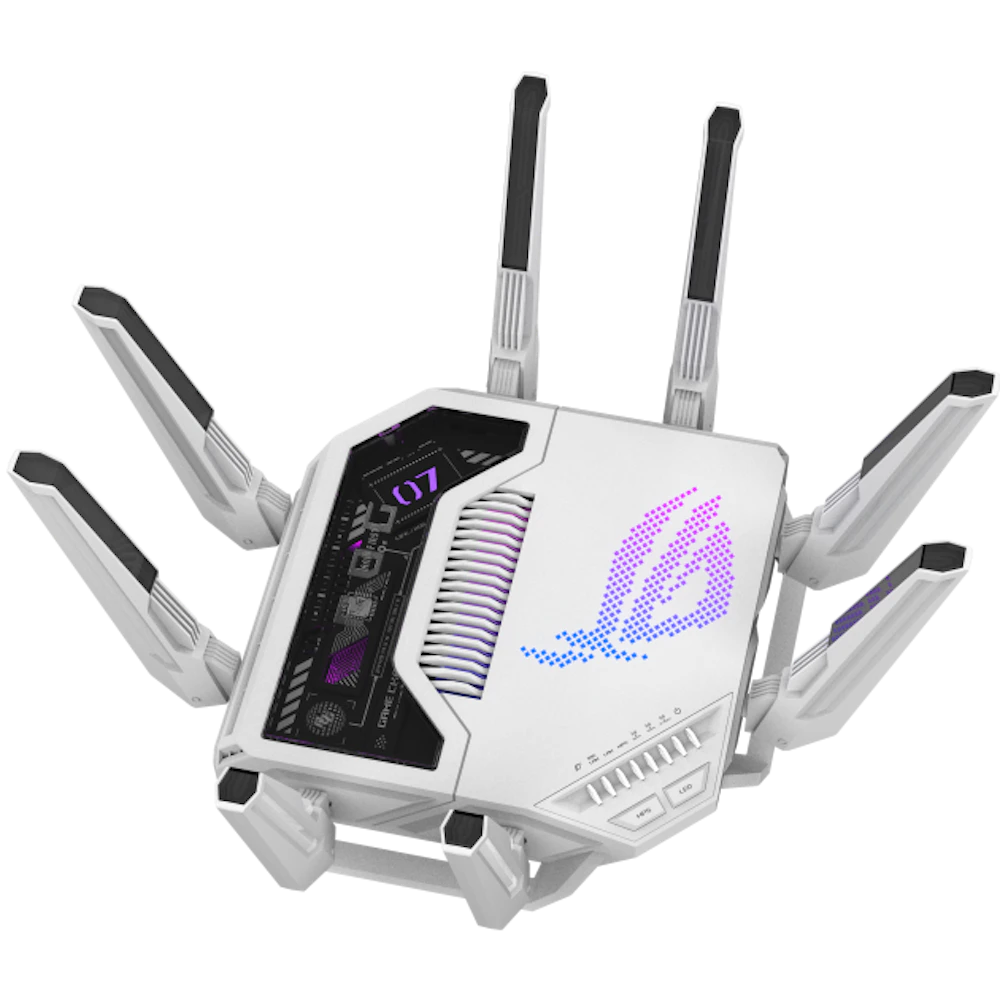 A large main feature product image of ASUS ROG Rapture GT-BE19000AI Tri-Band WiFi 7 AI Gaming Router