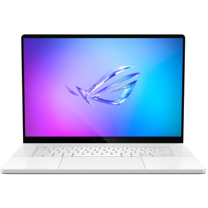A large main feature product image of ASUS ROG Zephyrus G16 (GA605) - 16" 2.5K 240Hz OLED, Ryzen AI 7 350, RTX 5060, 32GB/1TB - WIn 11 Notebook (White)
