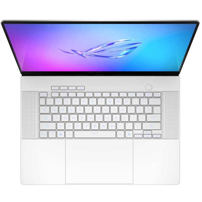 A large main feature product image of ASUS ROG Zephyrus G16 (GA605) - 16" 2.5K 240Hz OLED, Ryzen AI 7 350, RTX 5060, 32GB/1TB - WIn 11 Notebook (White)