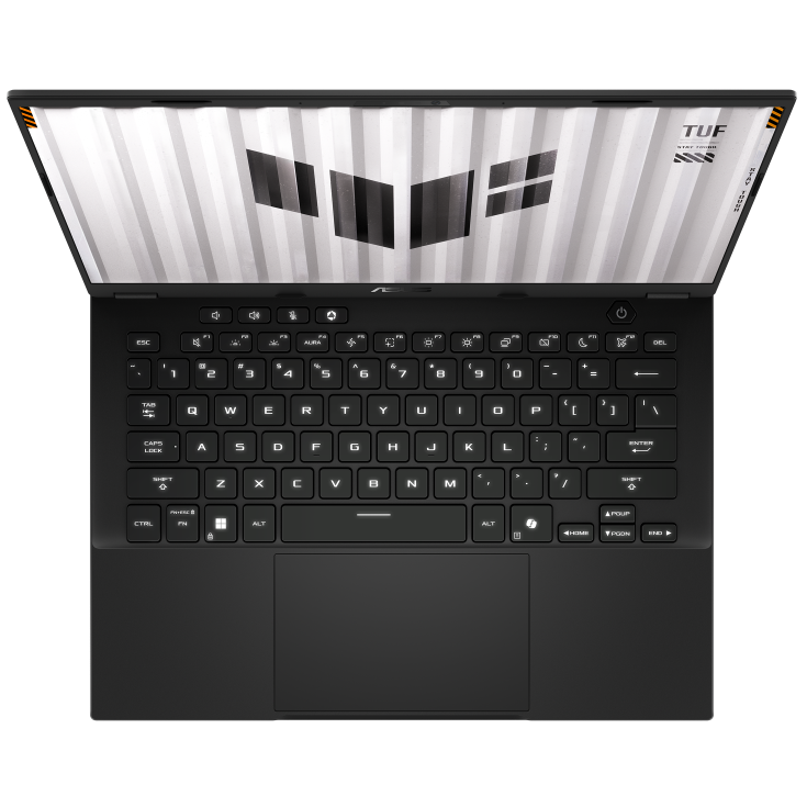 A large main feature product image of ASUS TUF Gaming A14 (FA401) - 14" 2.5K 165Hz, Ryzen AI 7 350, RTX 5050, 32GB/1TB - Win 11 Notebook