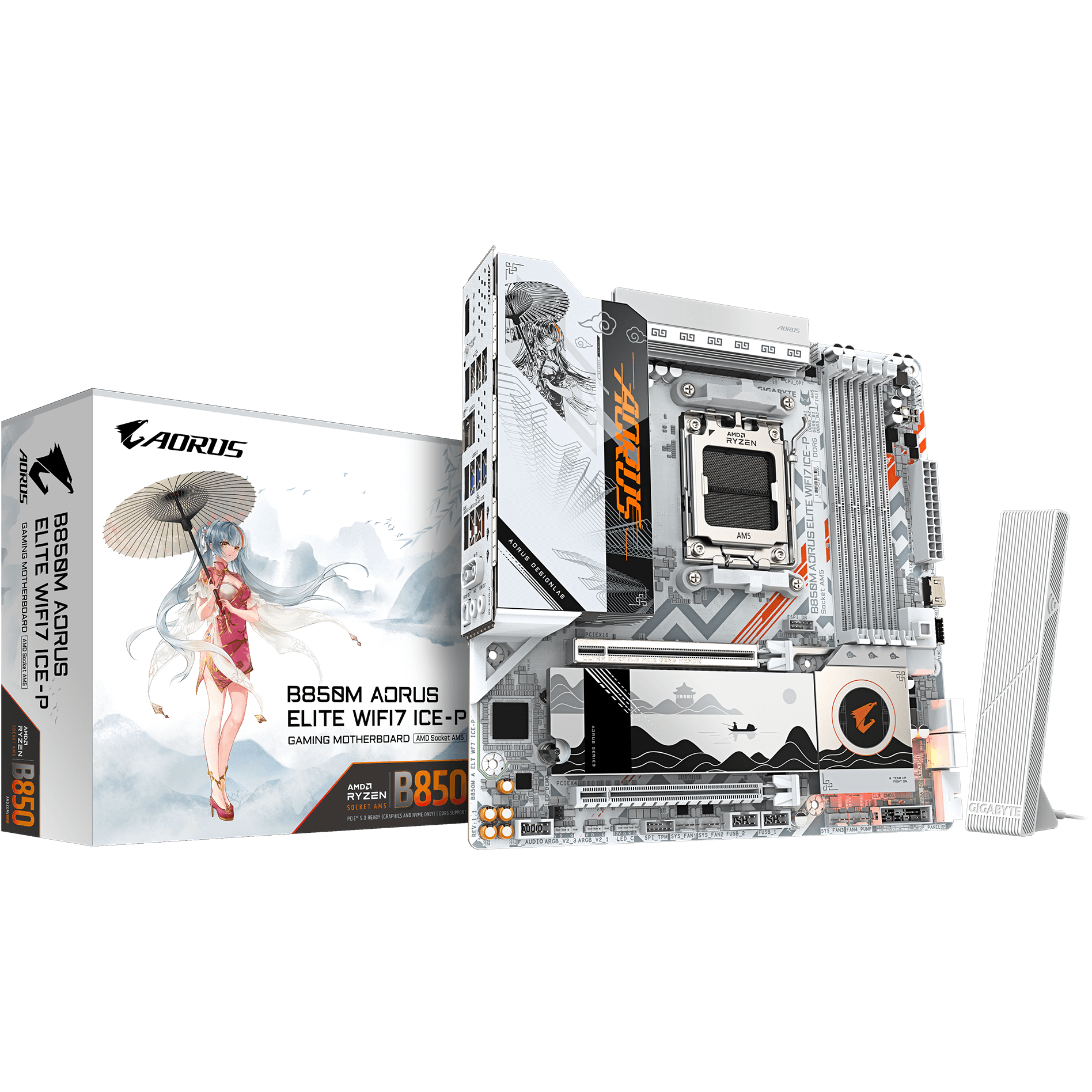 A large main feature product image of Gigabyte B850M Aorus Elite WiFi7 ICE-P AM5 mATX Desktop Motherboard - Waifu