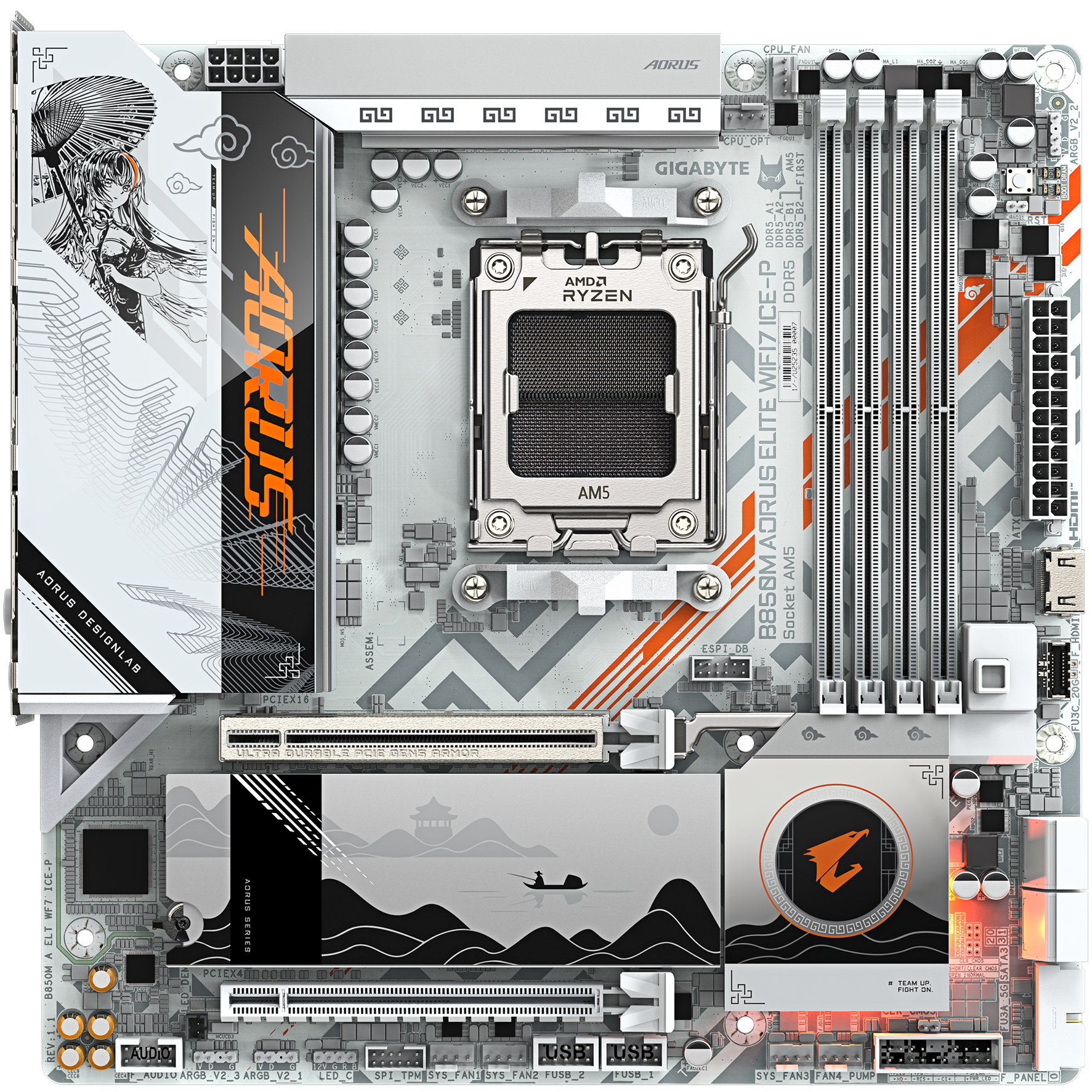 A large main feature product image of Gigabyte B850M Aorus Elite WiFi7 ICE-P AM5 mATX Desktop Motherboard - Waifu