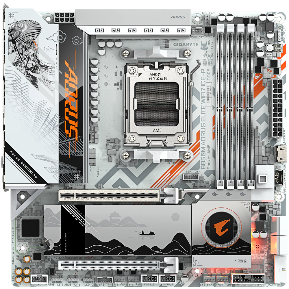 A large main feature product image of Gigabyte B850M AORUS ELITE WiFi7 ICE-P AM5 mATX Desktop Motherboard - Waifu