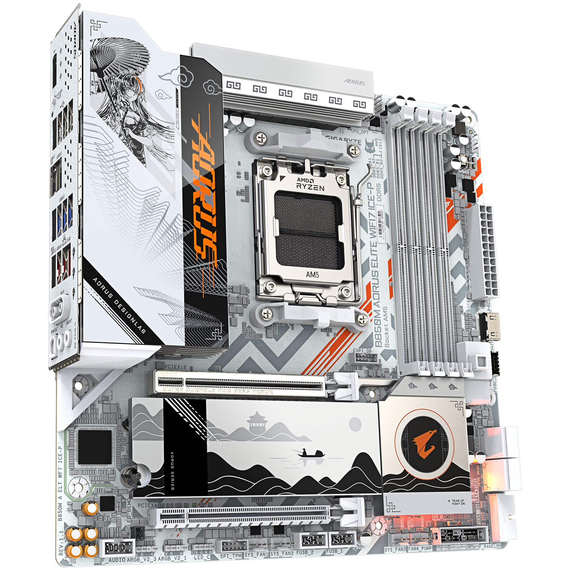 A large main feature product image of Gigabyte B850M Aorus Elite WiFi7 ICE-P AM5 mATX Desktop Motherboard - Waifu