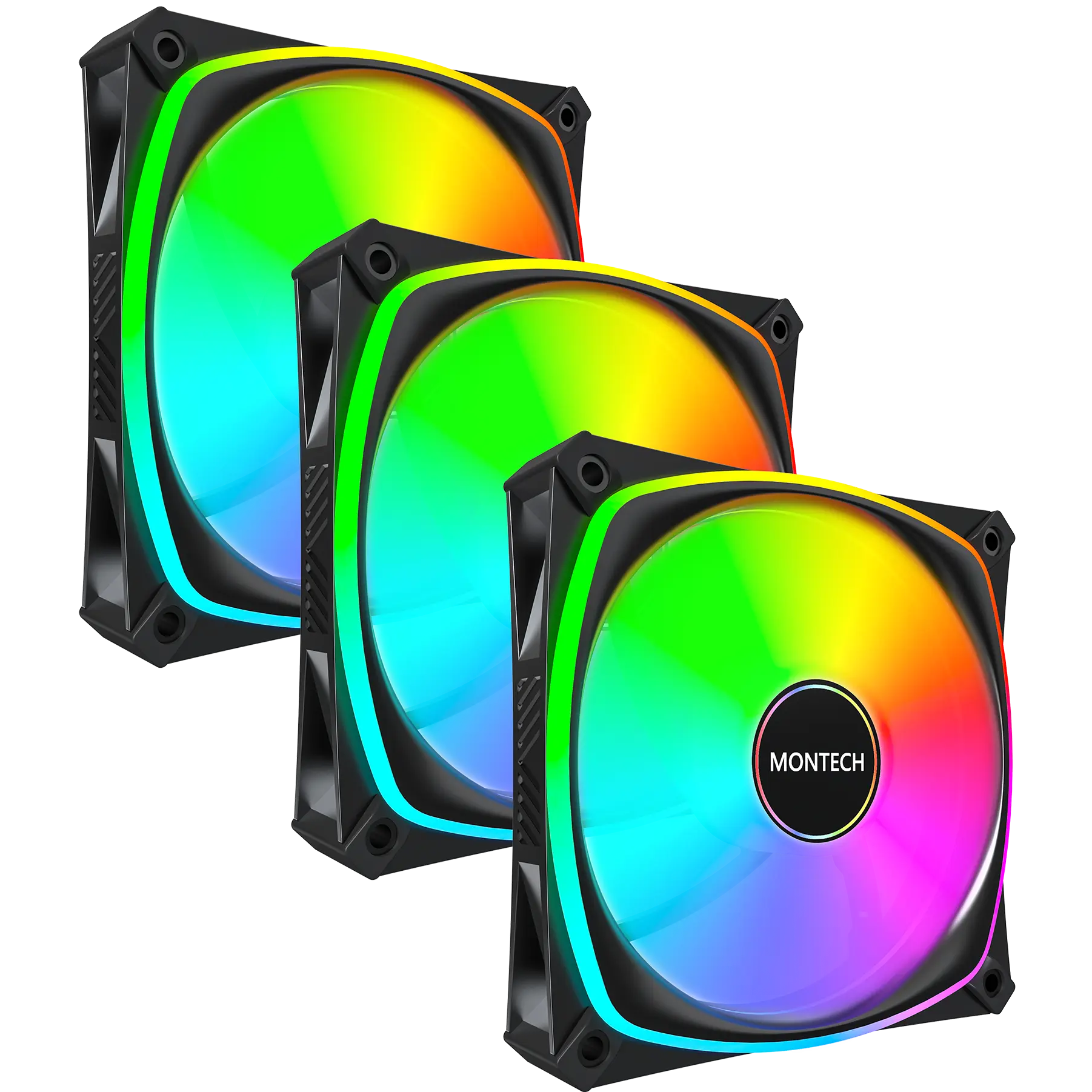 A large main feature product image of Montech RX120 PRO 120mm ARGB PWM Reverse Blade Fan 3-Pack (Black)