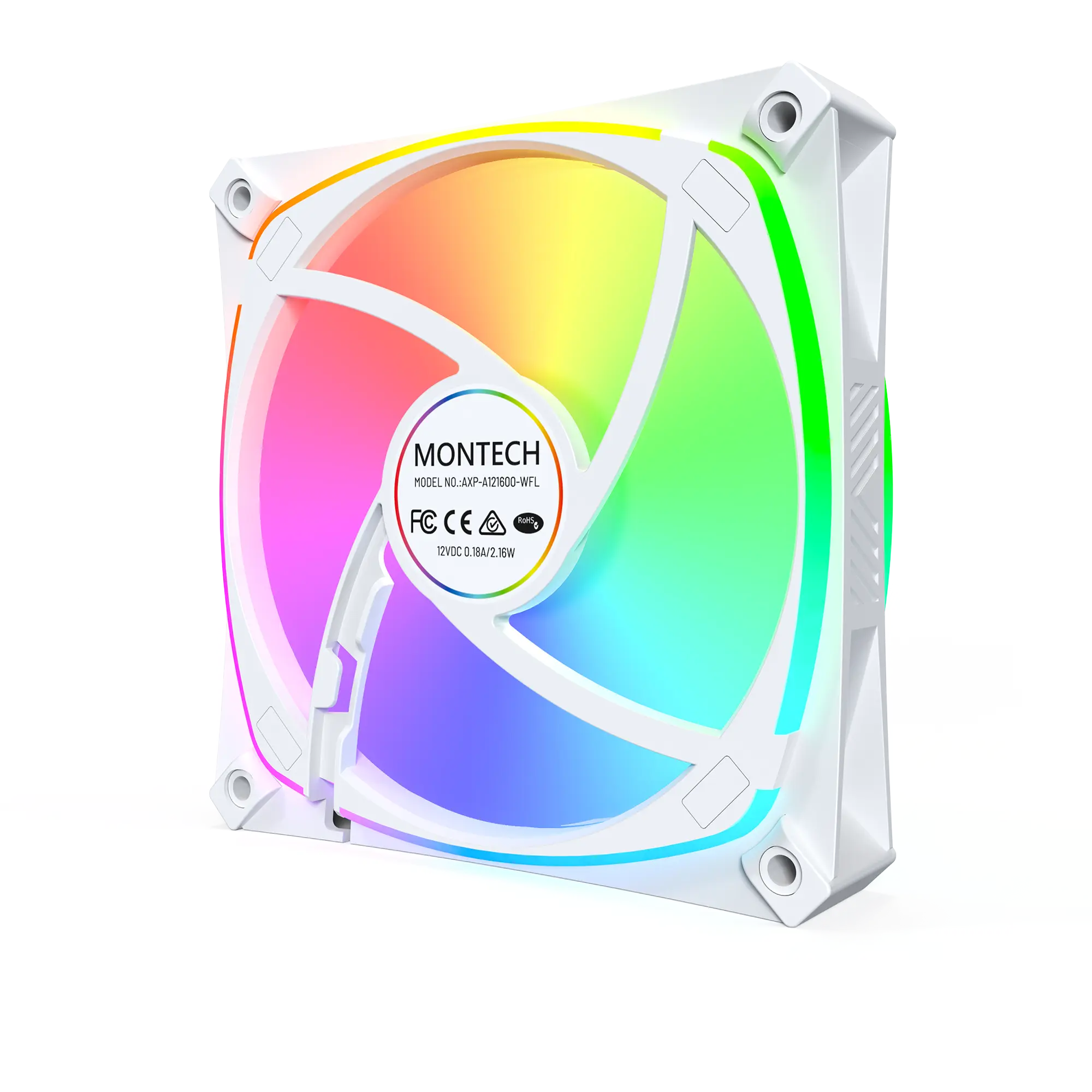 A large main feature product image of Montech RX120 PRO 120mm ARGB PWM Reverse Blade Fan 3-Pack (White)