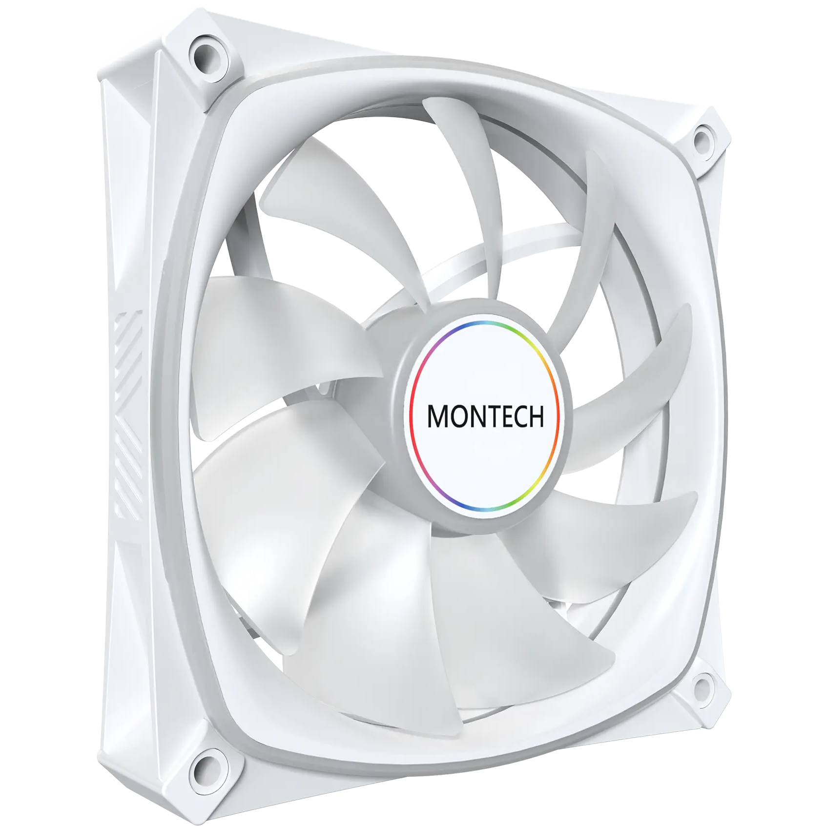 A large main feature product image of Montech RX120 PRO 120mm ARGB PWM Reverse Blade Fan 3-Pack (White)