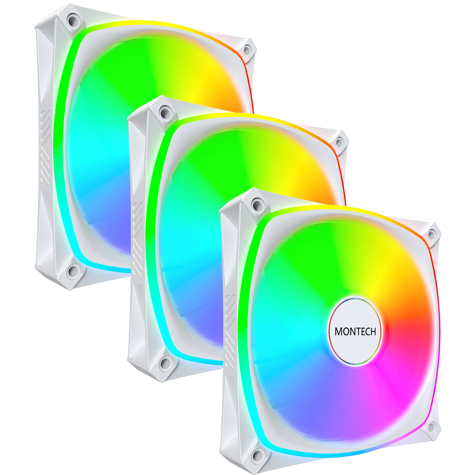 A large main feature product image of Montech RX120 PRO 120mm ARGB PWM Reverse Blade Fan 3-Pack (White)