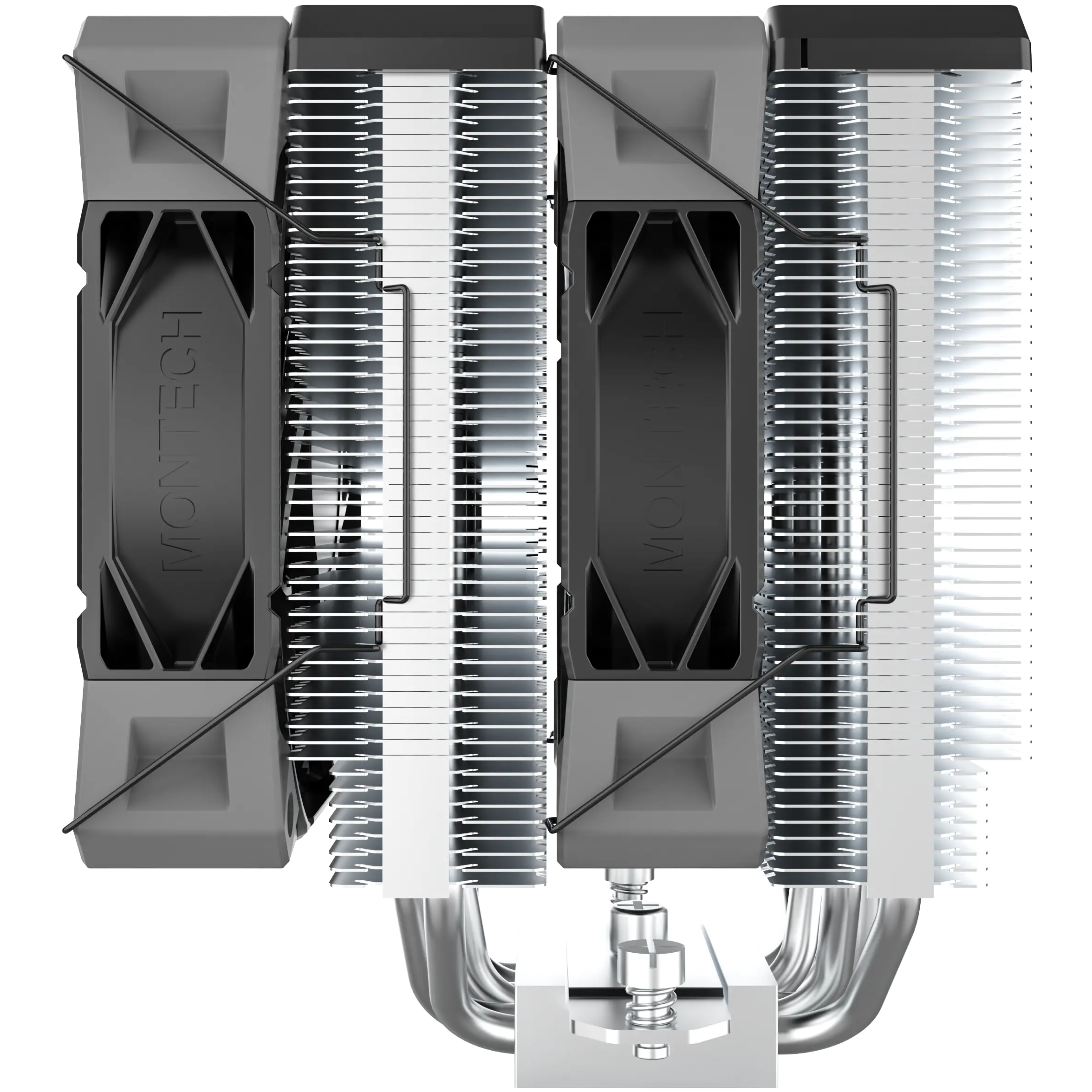 A large main feature product image of Montech NX600 Dual-Tower CPU Cooler (Black)