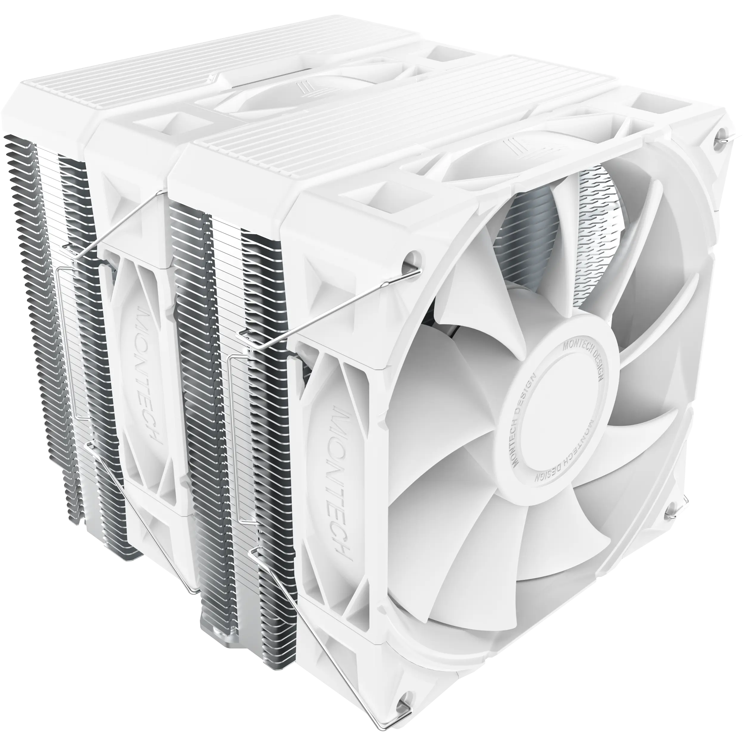 A large main feature product image of Montech NX600 Dual-Tower CPU Cooler (White)