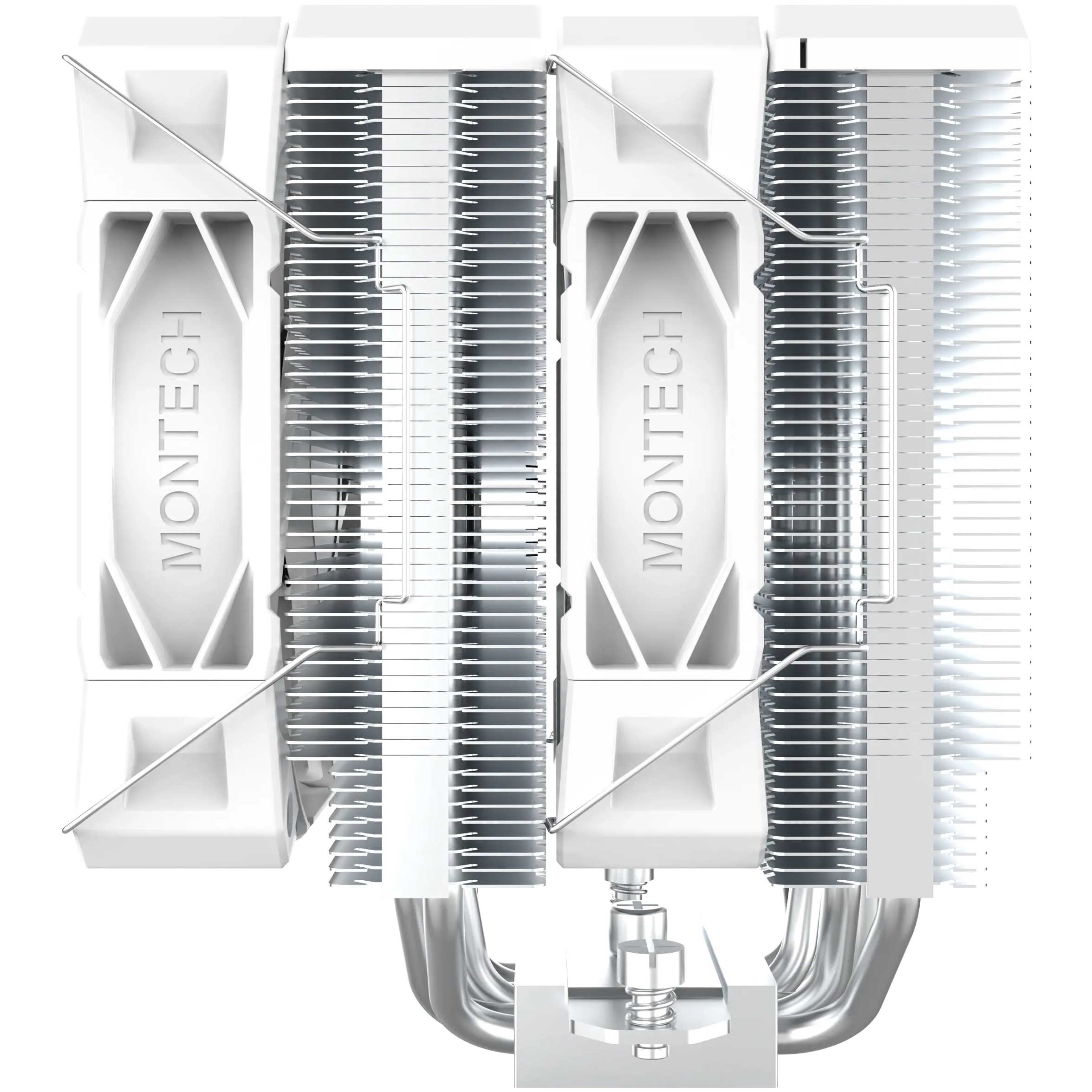 A large main feature product image of Montech NX600 Dual-Tower CPU Cooler (White)