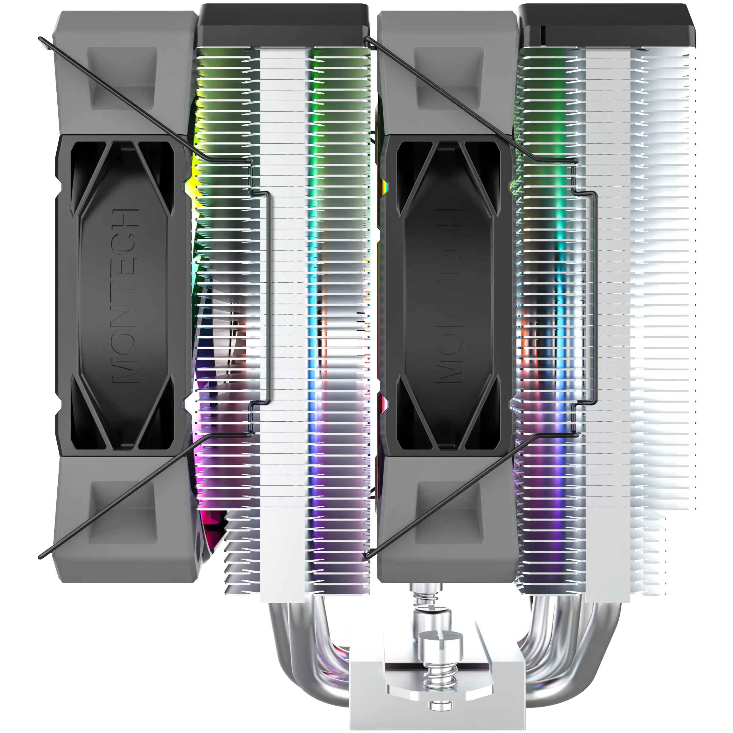 A large main feature product image of Montech NX600 ARGB Dual-Tower CPU Cooler (Black)