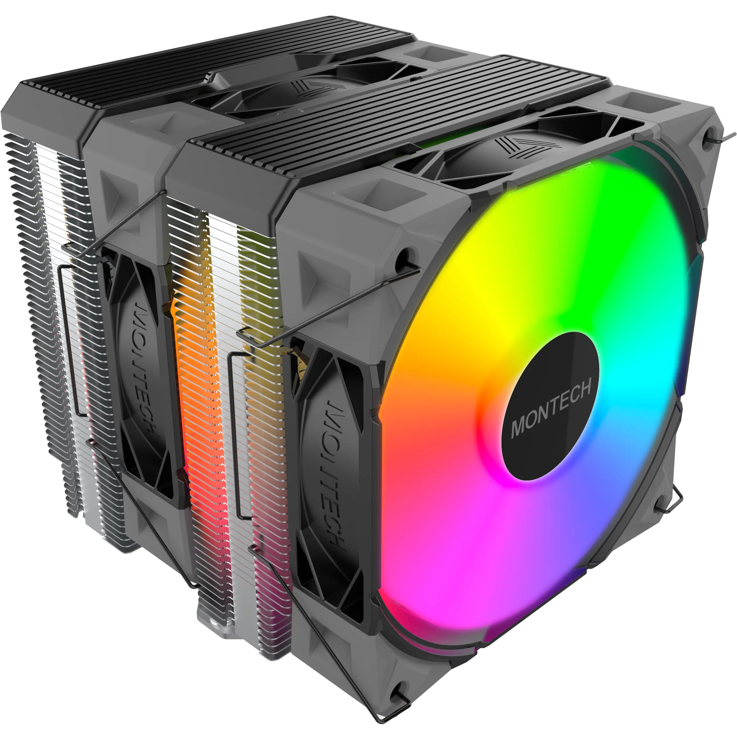 A large main feature product image of Montech NX600 ARGB Dual-Tower CPU Cooler (Black)