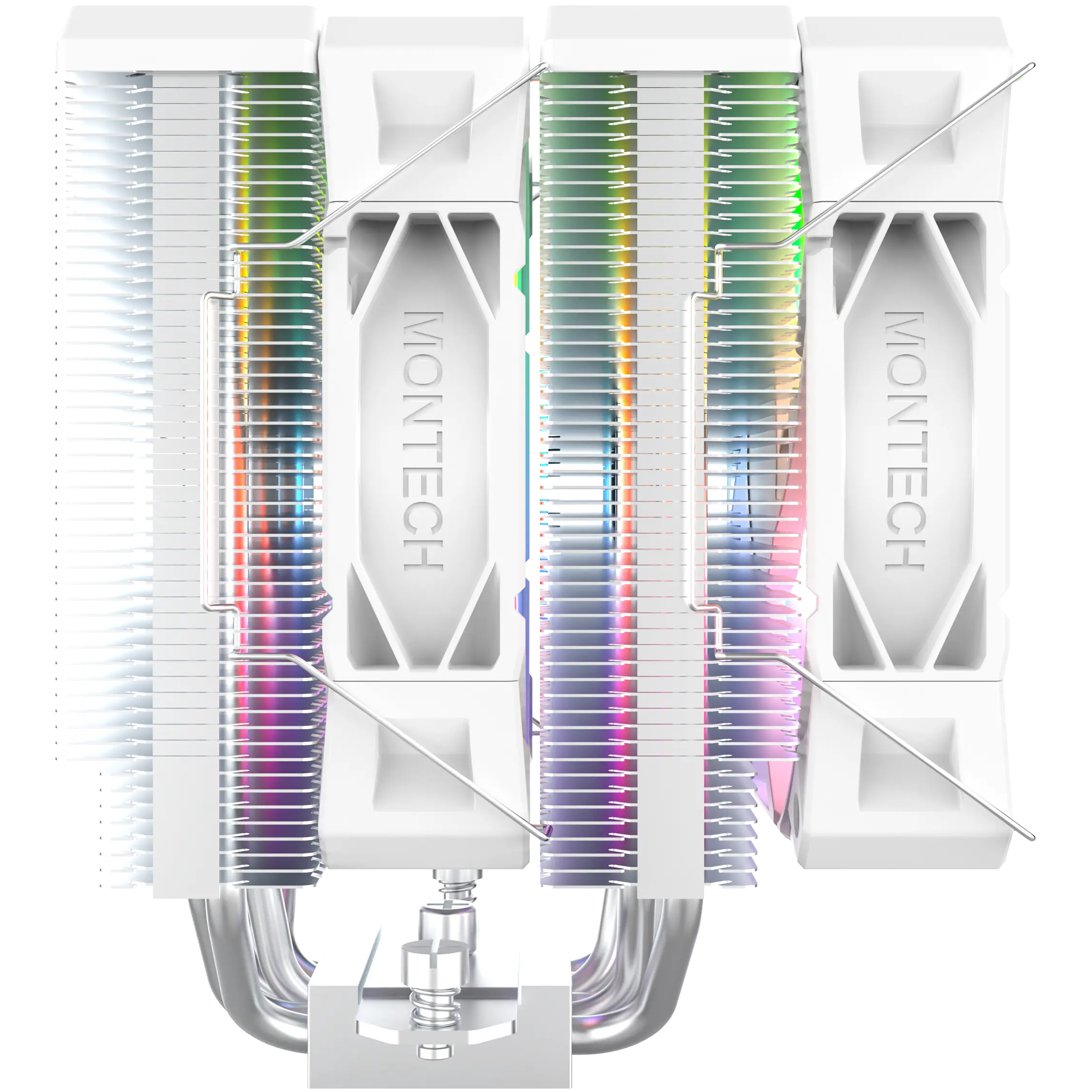 A large main feature product image of Montech NX600 ARGB Dual-Tower CPU Cooler (White)