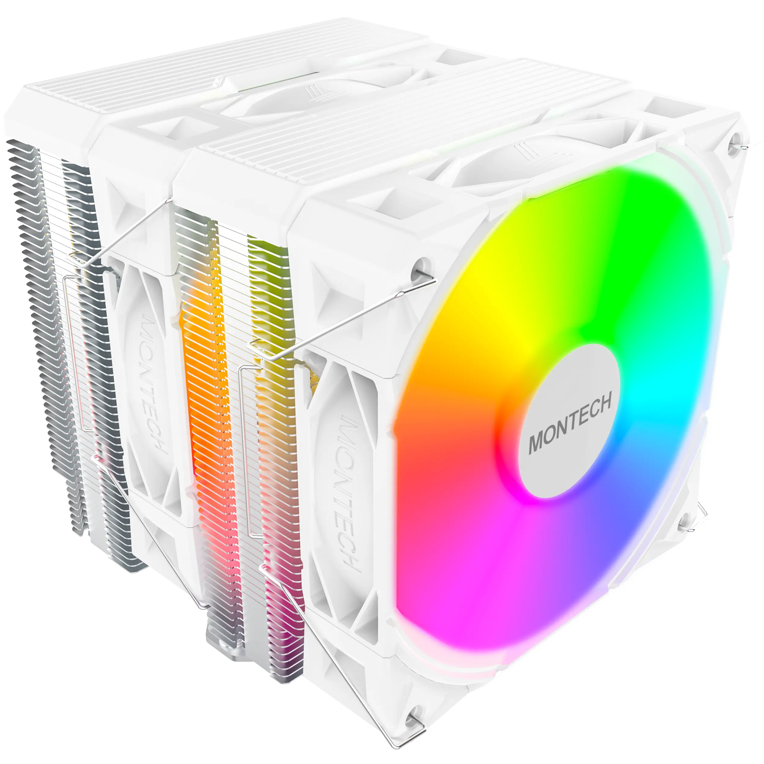 A large main feature product image of Montech NX600 ARGB Dual-Tower CPU Cooler (White)