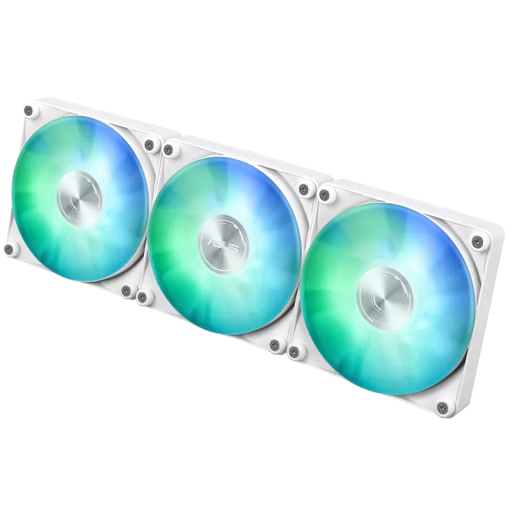 A large main feature product image of ASUS AYW Gaming LC 360 ARGB LCD 360mm AIO Liquid CPU Cooler - White