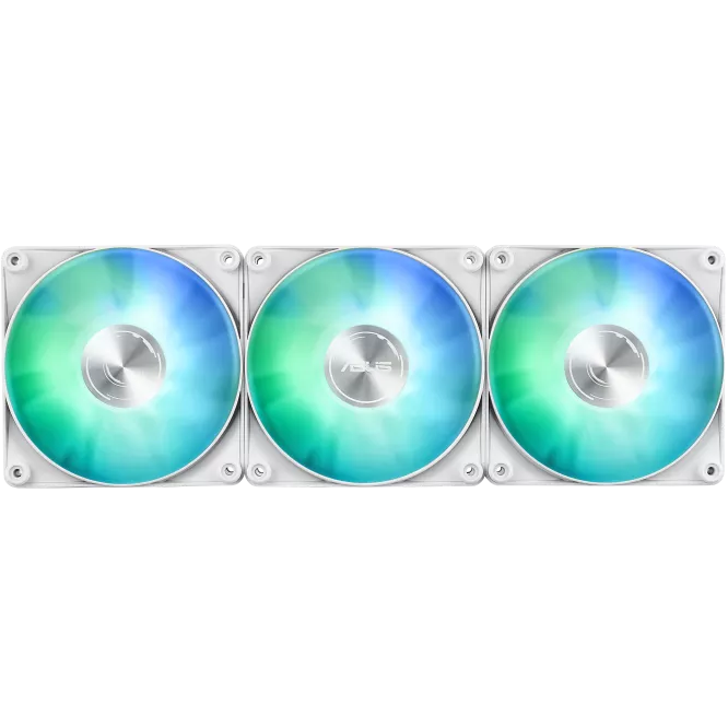 A large main feature product image of ASUS AYW Gaming LC 360 ARGB LCD 360mm AIO Liquid CPU Cooler - White