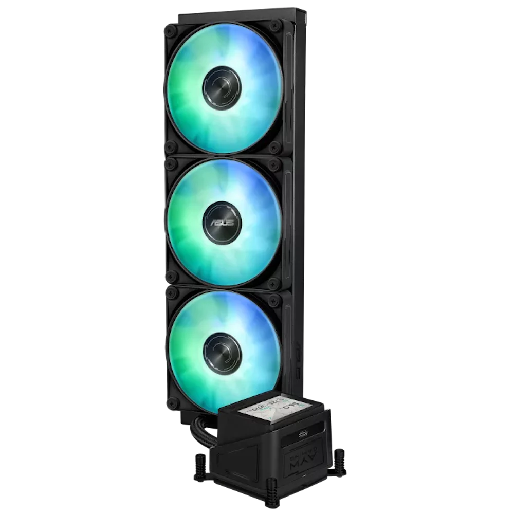 A large main feature product image of ASUS AYW Gaming LC 360 ARGB LCD 360mm AIO Liquid CPU Cooler