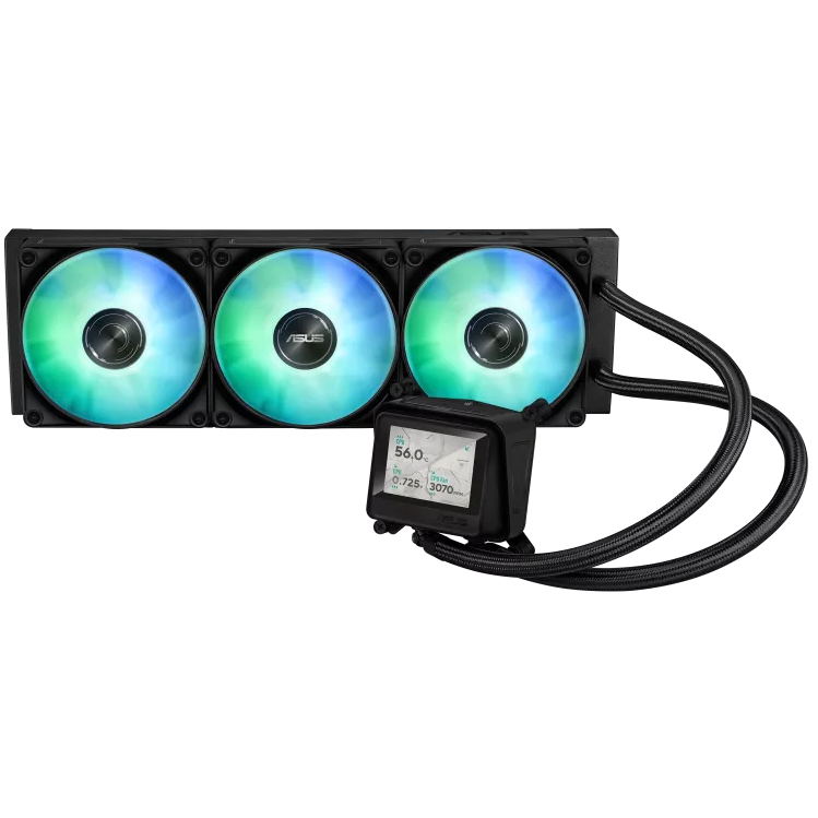 A large main feature product image of ASUS AYW Gaming LC 360 ARGB LCD 360mm AIO Liquid CPU Cooler