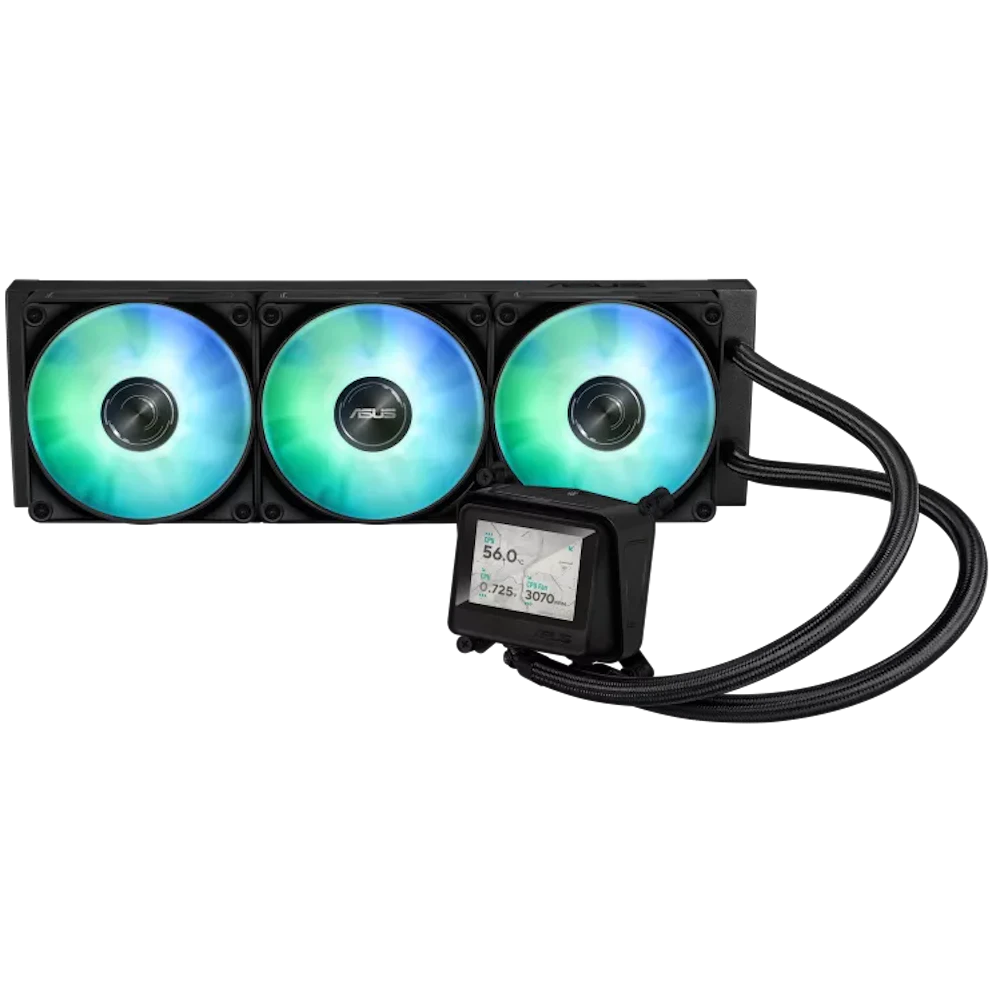 A large main feature product image of ASUS AYW Gaming LC 360 ARGB LCD 360mm AIO Liquid CPU Cooler