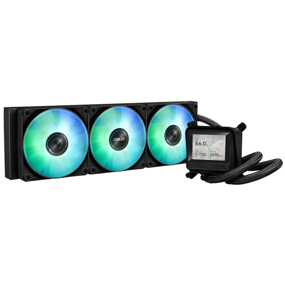 A large main feature product image of ASUS AYW Gaming LC 360 ARGB LCD 360mm AIO Liquid CPU Cooler