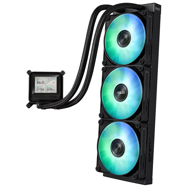 A large main feature product image of ASUS AYW Gaming LC 360 ARGB LCD 360mm AIO Liquid CPU Cooler
