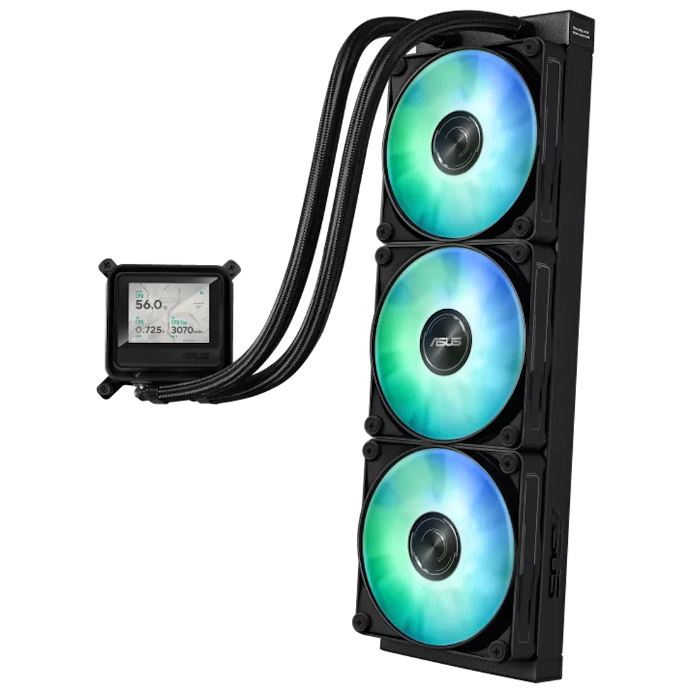 A large main feature product image of ASUS AYW Gaming LC 360 ARGB LCD 360mm AIO Liquid CPU Cooler