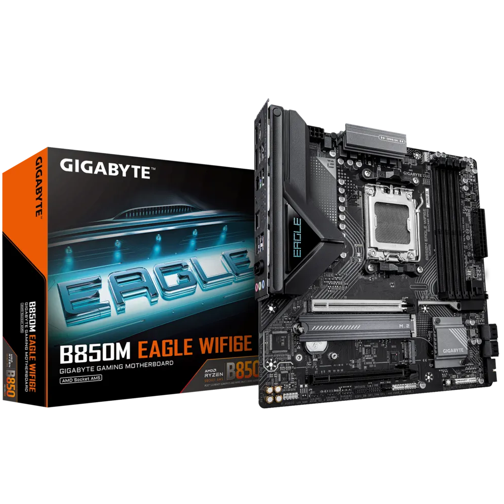 A large main feature product image of Gigabyte B850M EAGLE WF6E AM5 mATX Desktop motherboard