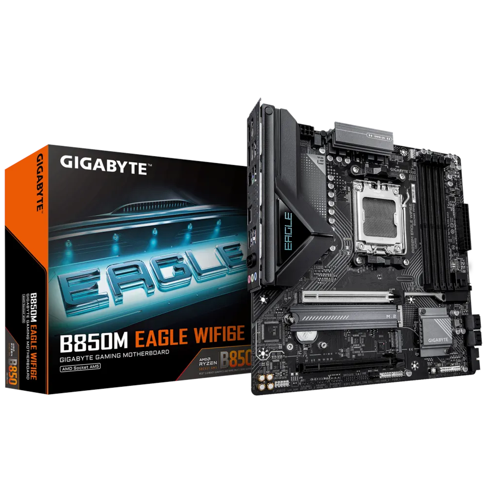 A large main feature product image of Gigabyte B850M EAGLE WF6E AM5 mATX Desktop motherboard