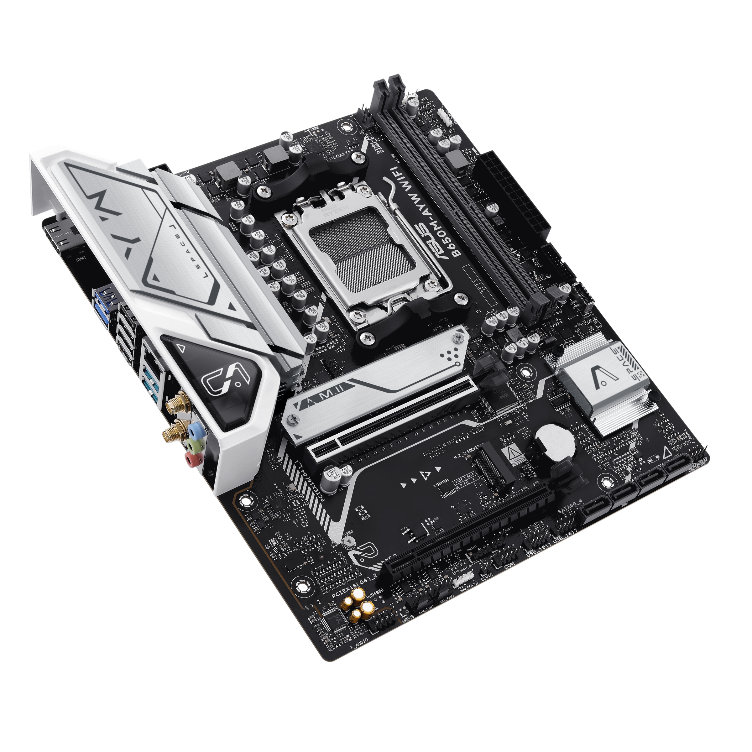 A large main feature product image of EX-DEMO ASUS B650M AYW WiFi AM5 mATX Desktop Motherboard