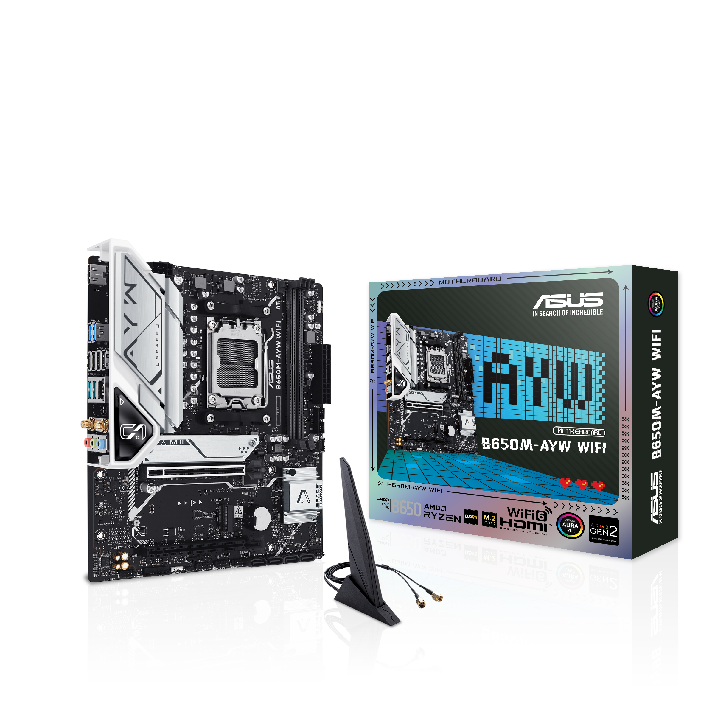 A large main feature product image of EX-DEMO ASUS B650M AYW WiFi AM5 mATX Desktop Motherboard