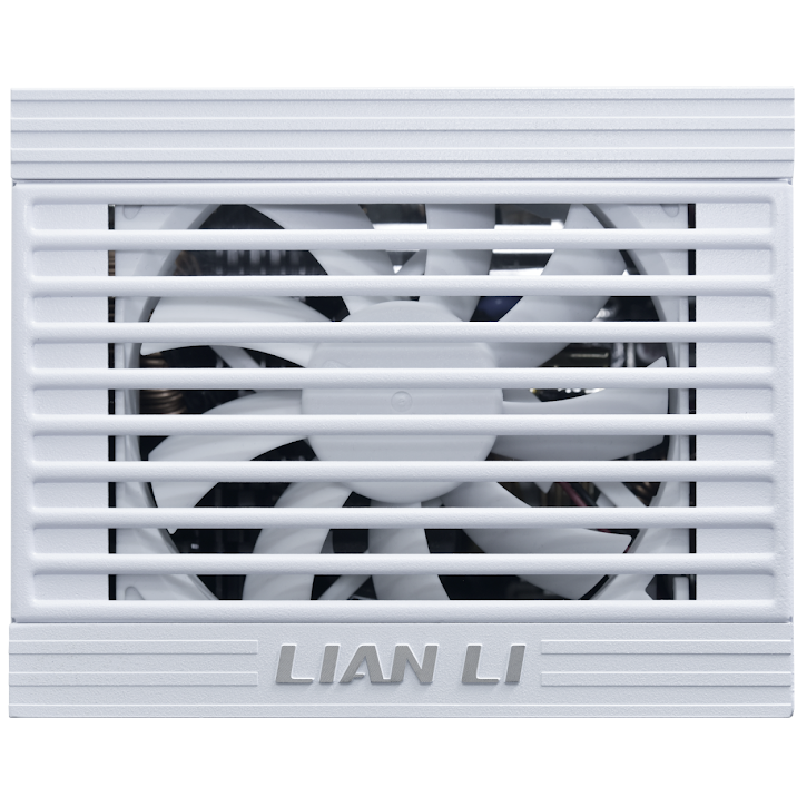 A large main feature product image of Lian Li SP 850W Platinum PCIe 5.1 ATX 3.1 SFX Modular PSU (White)