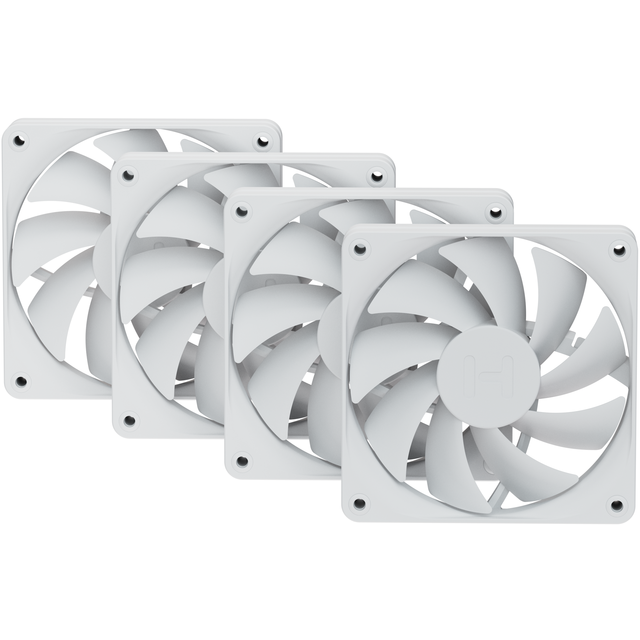 A large main feature product image of HYTE FA12 120mm PWM Fan 4-Pack (Snow White)