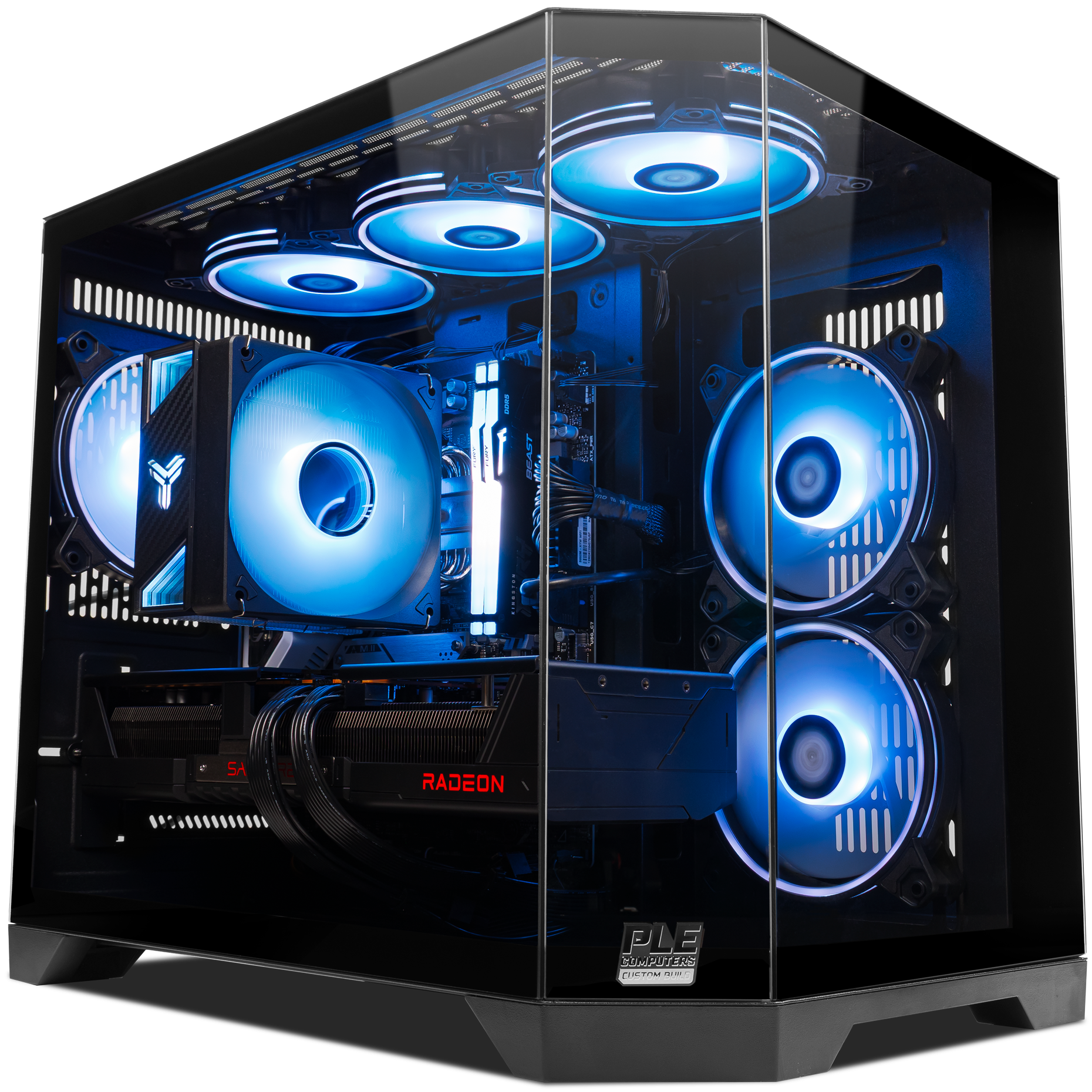 A large main feature product image of PLE Ghost RX 9070 XT Prebuilt Ready To Go Gaming PC