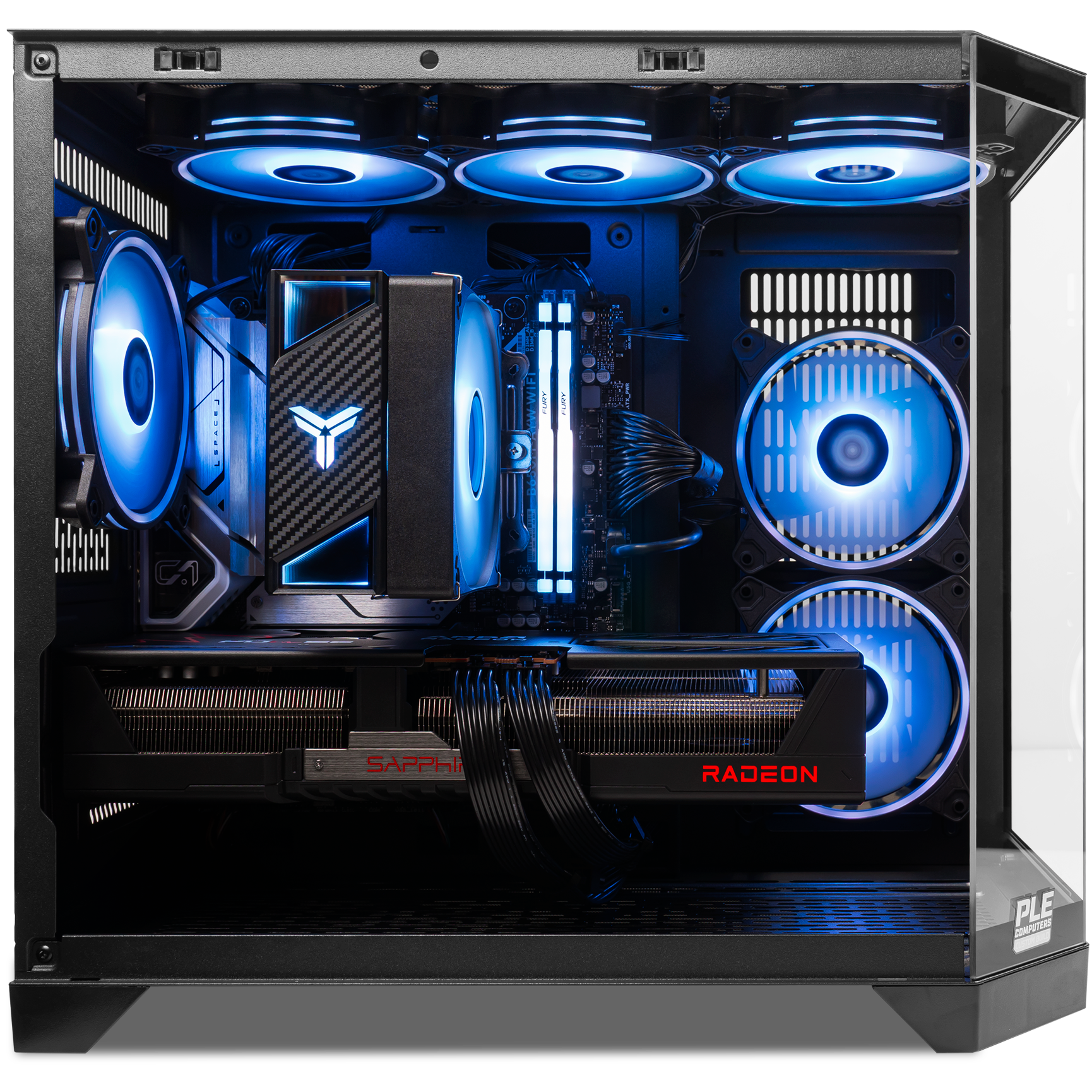 A large main feature product image of PLE Ghost RX 9070 XT Prebuilt Ready To Go Gaming PC