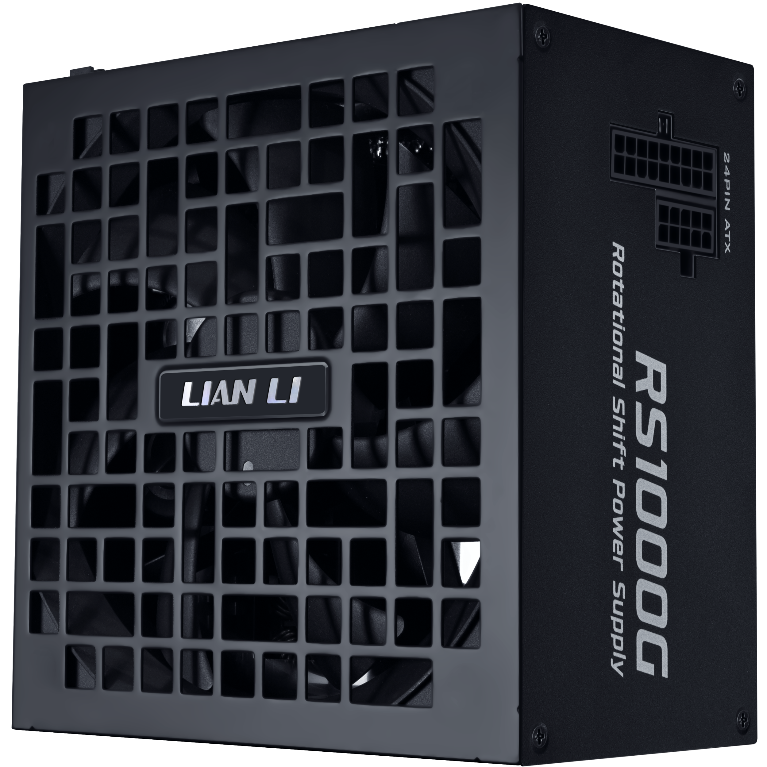 A large main feature product image of Lian Li RS 1000W Gold PCIe 5.1 ATX 3.1 Rotational Shift Modular PSU