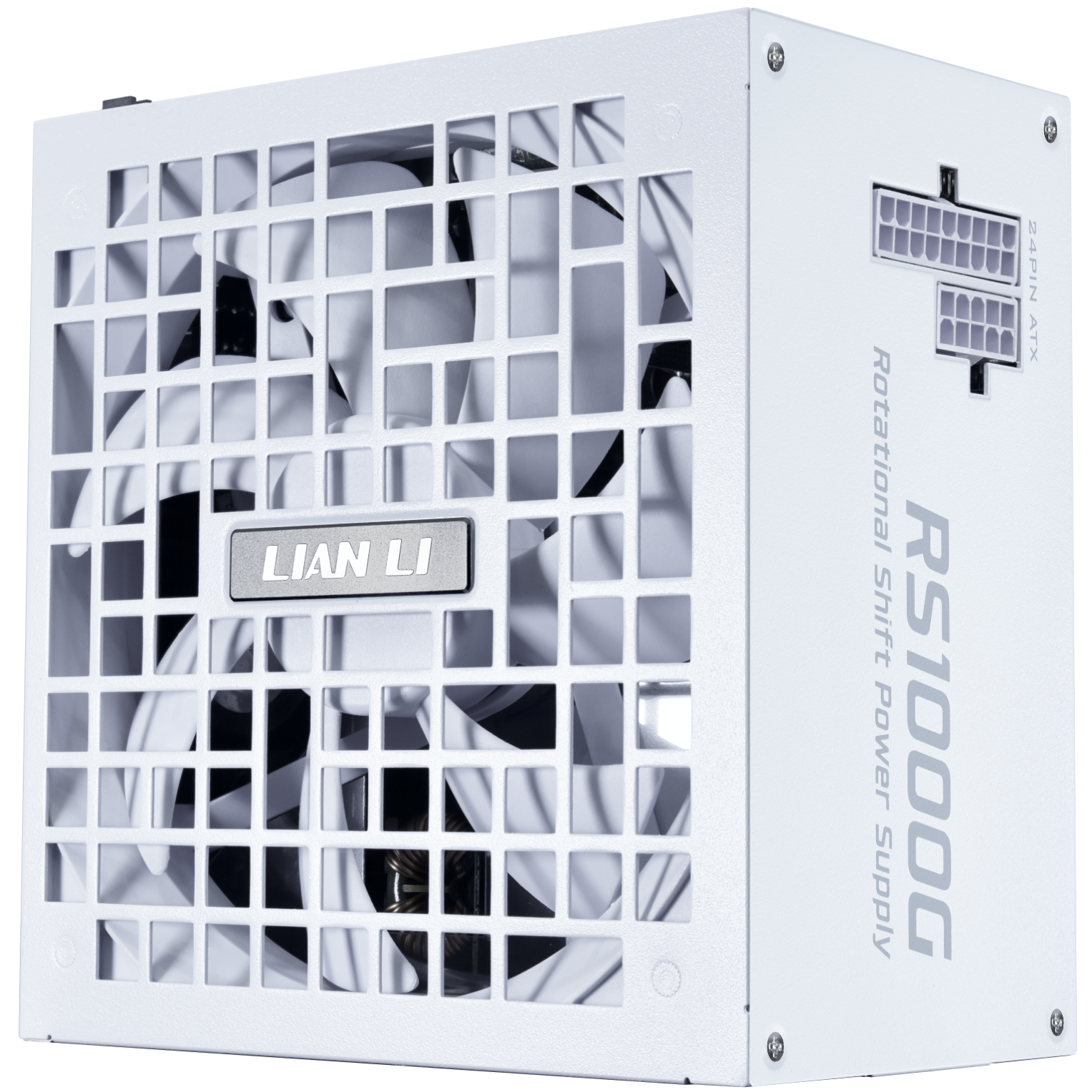 A large main feature product image of Lian Li RS 1000W Gold PCIe 5.1 ATX 3.1 Rotational Shift Modular PSU (White)