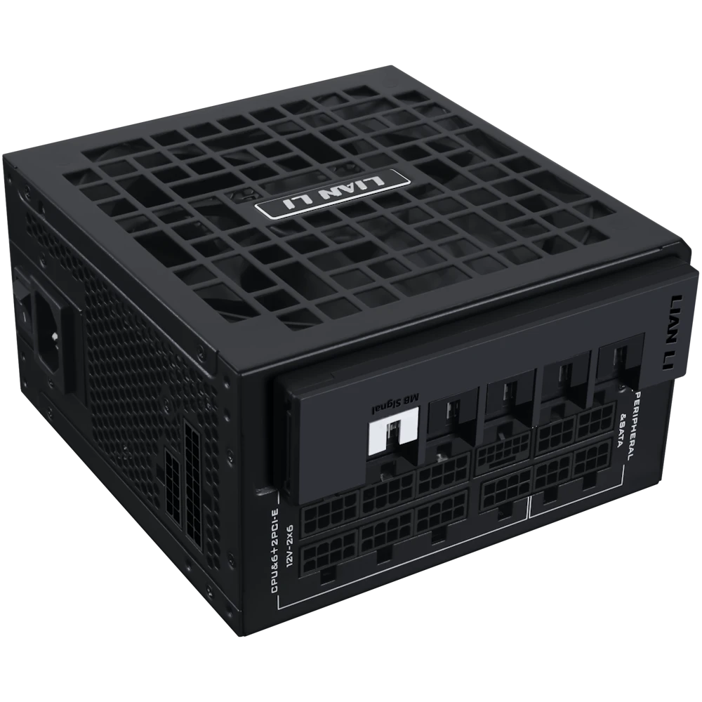 A large main feature product image of Lian Li RS 1000W Gold PCIe 5.1 ATX 3.1 Rotational Shift Modular PSU w/ USB Hub
