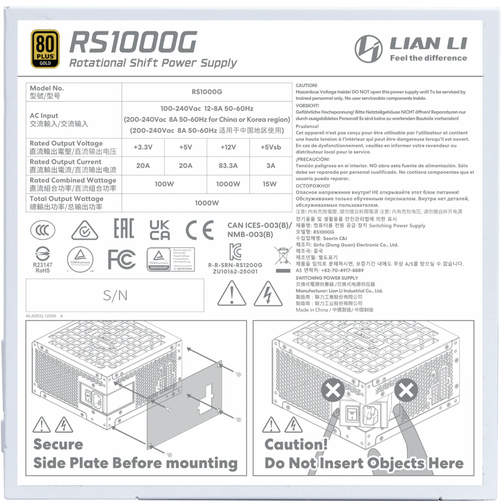 A large main feature product image of Lian Li RS 1000W Gold PCIe 5.1 ATX 3.1 Rotational Shift Modular PSU w/ USB Hub (White)