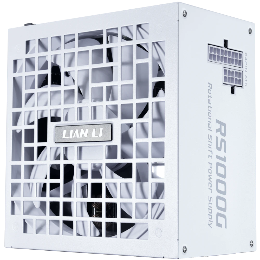 A large main feature product image of Lian Li RS 1000W Gold PCIe 5.1 ATX 3.1 Rotational Shift Modular PSU w/ USB Hub (White)