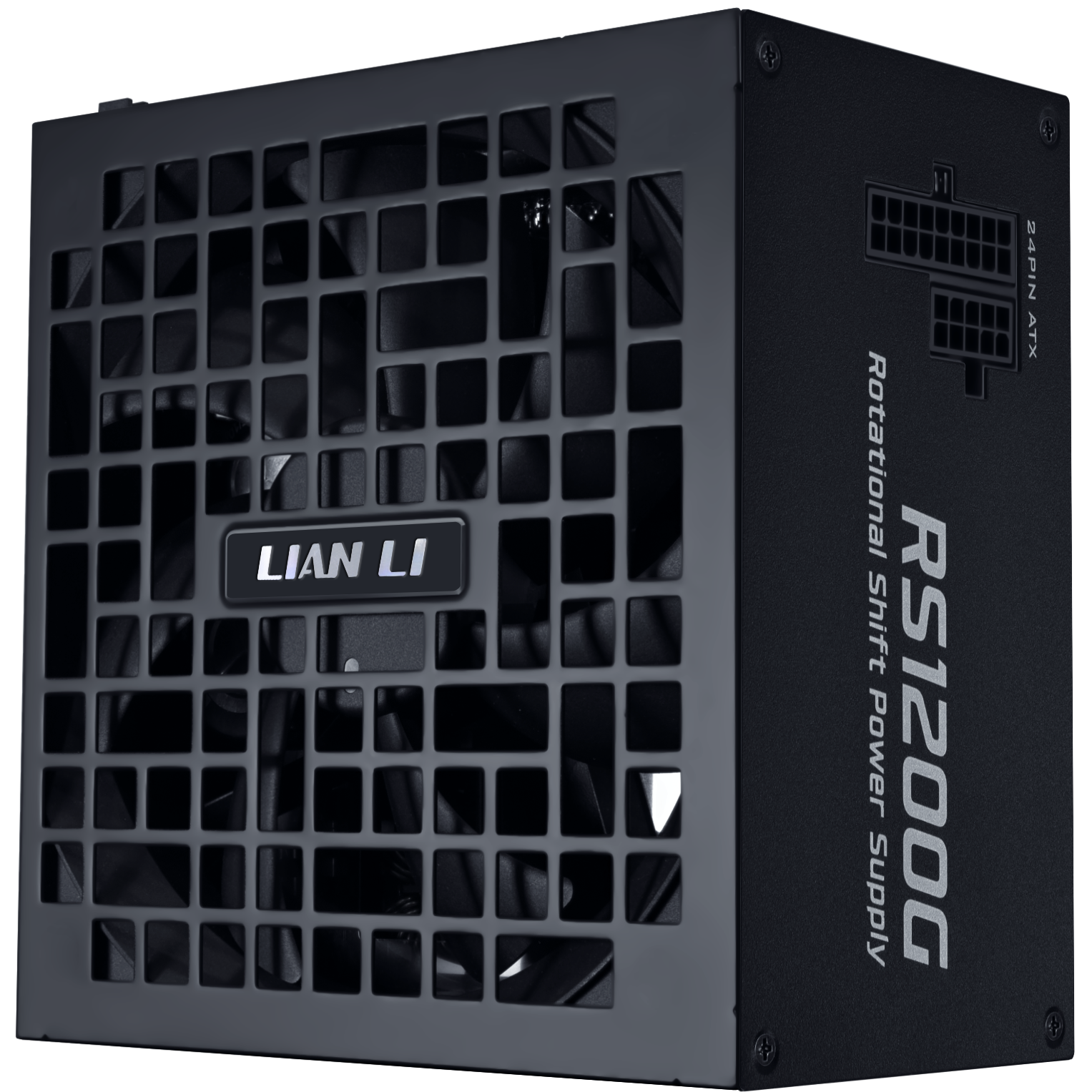A large main feature product image of Lian Li RS 1200W Gold PCIe 5.1 ATX 3.1 Rotational Shift Modular PSU w/ USB Hub