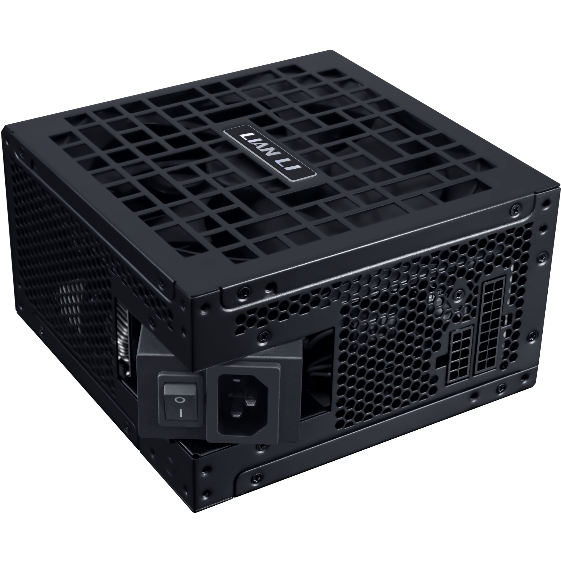 A large main feature product image of Lian Li RS 1200W Gold PCIe 5.1 ATX 3.1 Rotational Shift Modular PSU w/ USB Hub