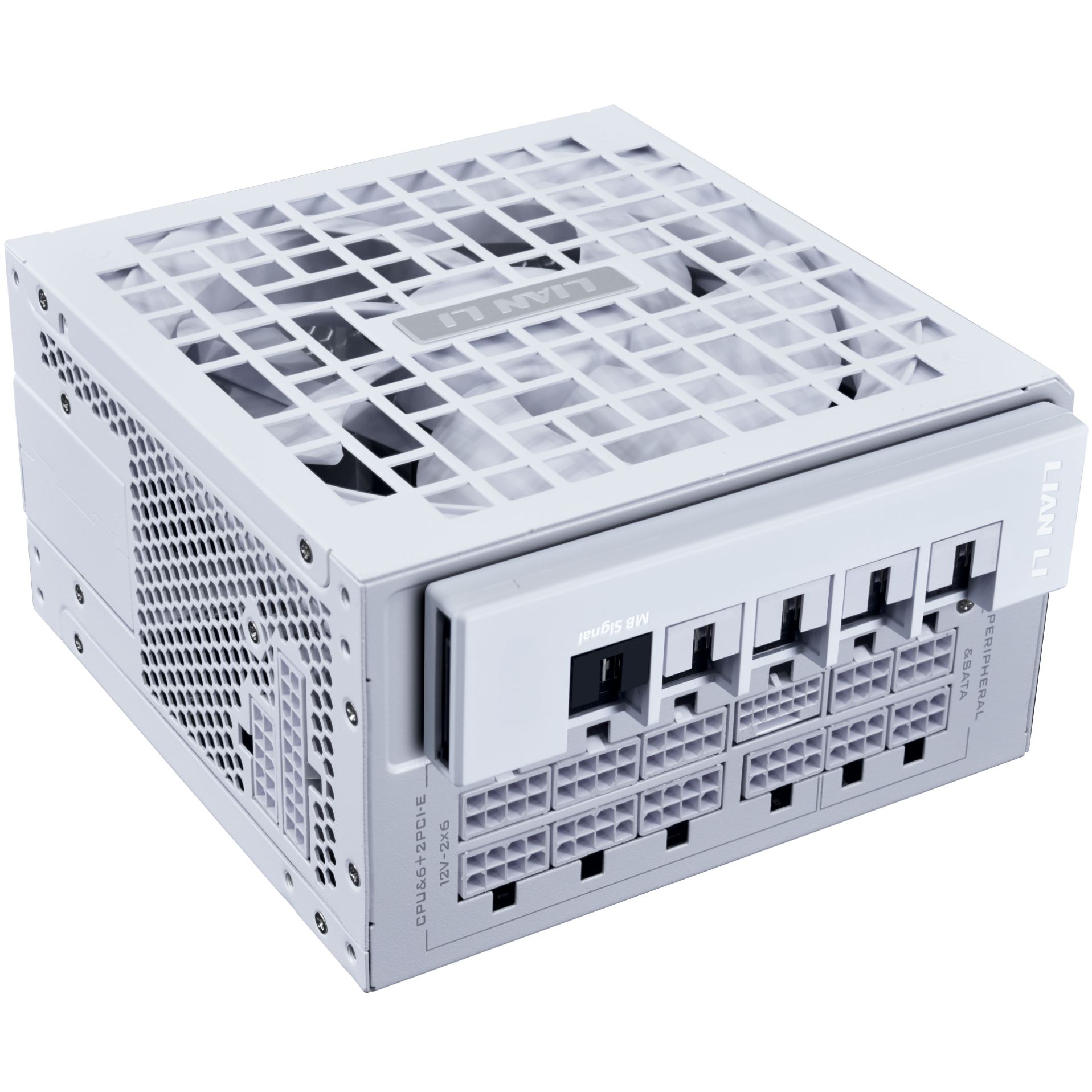 A large main feature product image of Lian Li RS 1200W Gold PCIe 5.1 ATX 3.1 Rotational Shift Modular PSU w/ USB Hub (White)